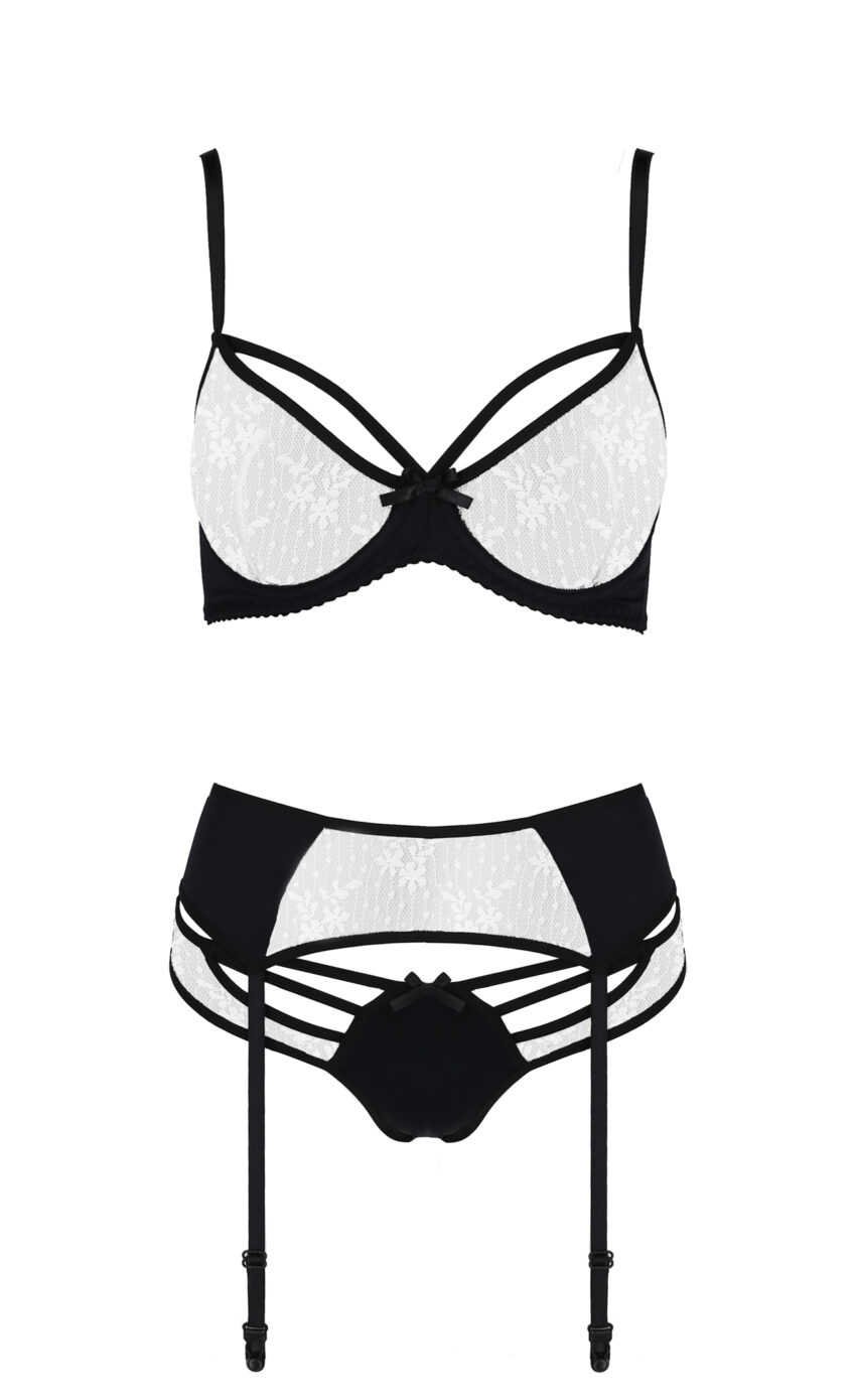 Nea Avanua, black satin and white lace set, garter belt and bra | The ...